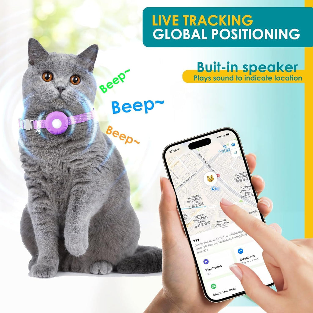 Cat Tracker,Pet Tracker for Cats Compatible with Apple Find My App(Only iOS),Waterproof Tracker Cat Collar with Safety Elastic Buckle,No Monthly Fee,Works with Any Collar (Purple)