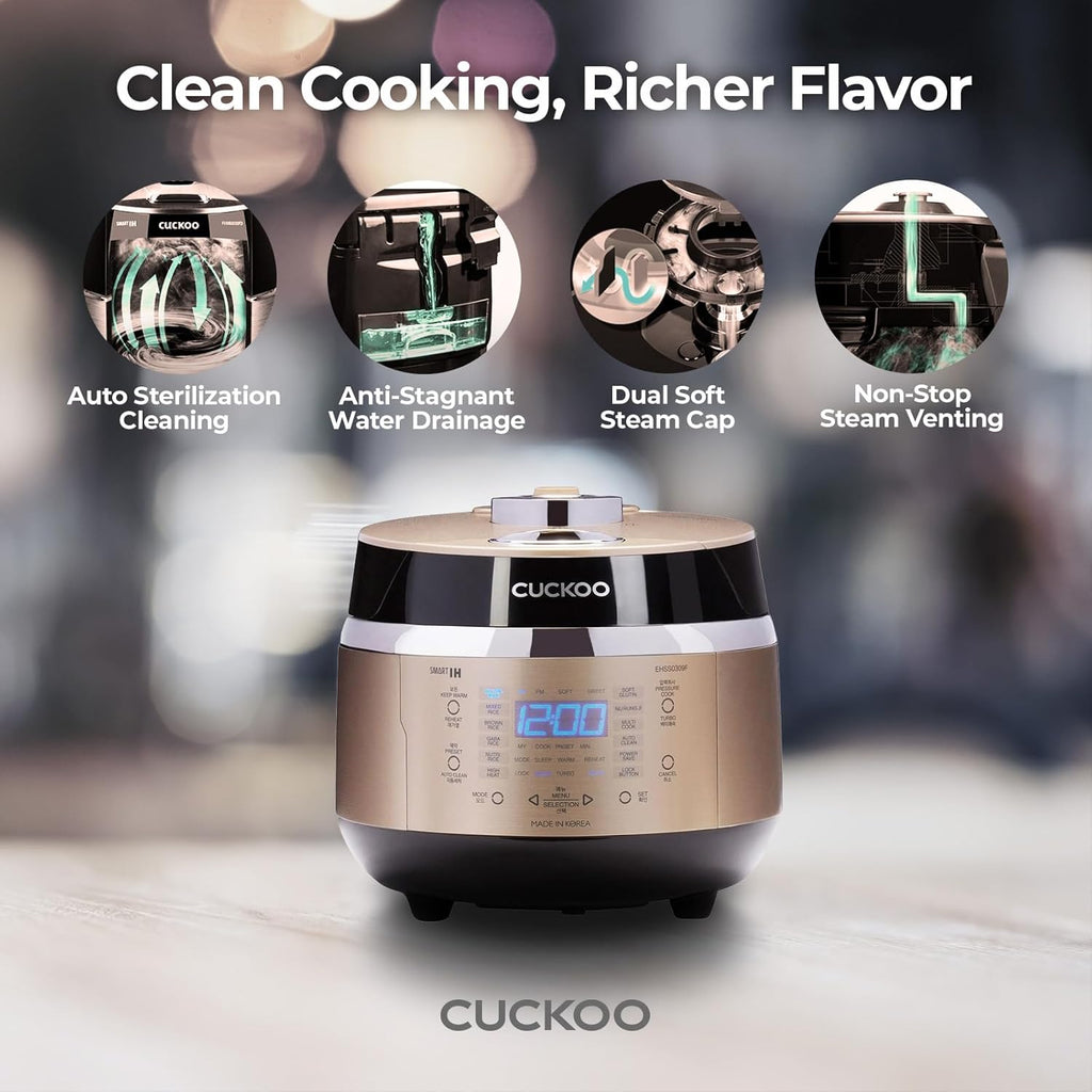 CUCKOO High Pressure Rice Cooker 3-Cup Uncooked / 6-Cup Cooked with Induction Heating Technology, Small Rice Maker with 16 Menu Options and Steam Plate, Voice Guide, Gold (CRP-EHSS0309F)