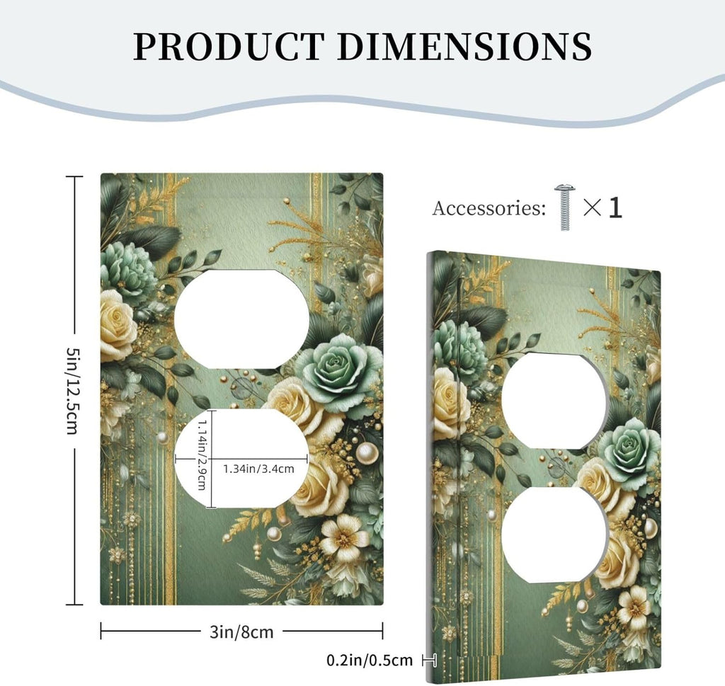 Decorative Outlet Covers Rustic Green Floral Leaves Teal Flowers Gold Stripe 1 Gang Duplex Light Switch Cover Plate Wall Plates for Electrical Outlets Switchplate Faceplate