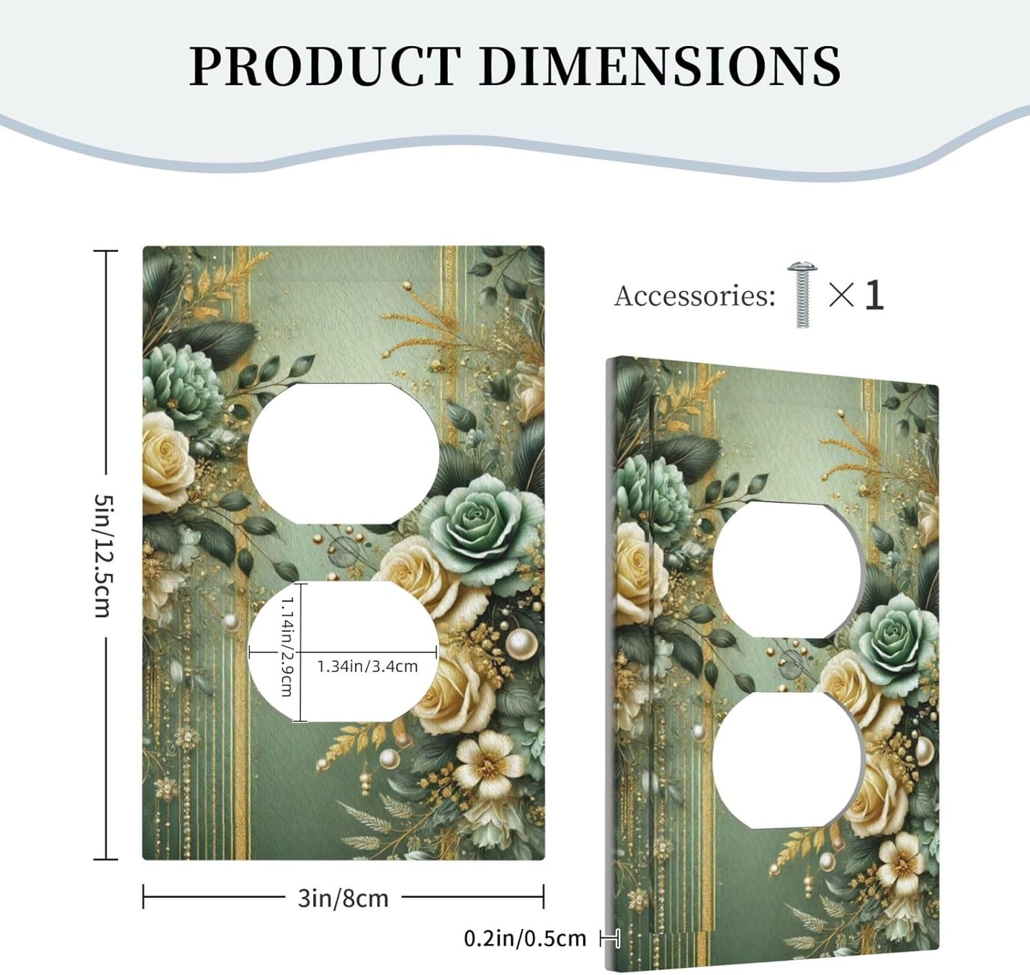 Decorative Outlet Covers Rustic Green Floral Leaves Teal Flowers Gold Stripe 1 Gang Duplex Light Switch Cover Plate Wall Plates for Electrical Outlets Switchplate Faceplate