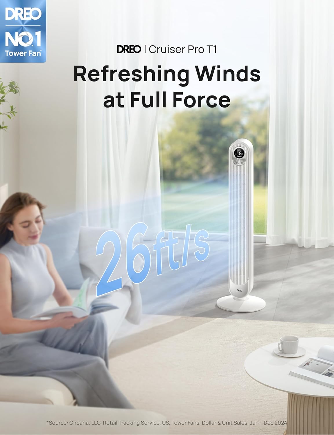 Dreo Tower Fan 42 Inch, Cruiser Pro T1 Quiet Oscillating Bladeless Fan with Remote, 6 Speeds, 4 Modes, LED Display, 12H Timer, White Floor Standing Fan Powerful for Indoor Home Bedroom Office Room