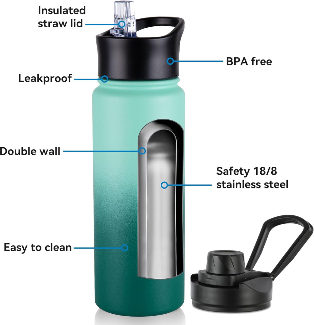 16 oz Insulated Water Bottle with Straw Lids, Stainless Steel Kids Water Bottles for School, Double Wall Vacuum Metal Water Bottle with Straw & Wide Mouth Lid, Gradient Green 8 Pack