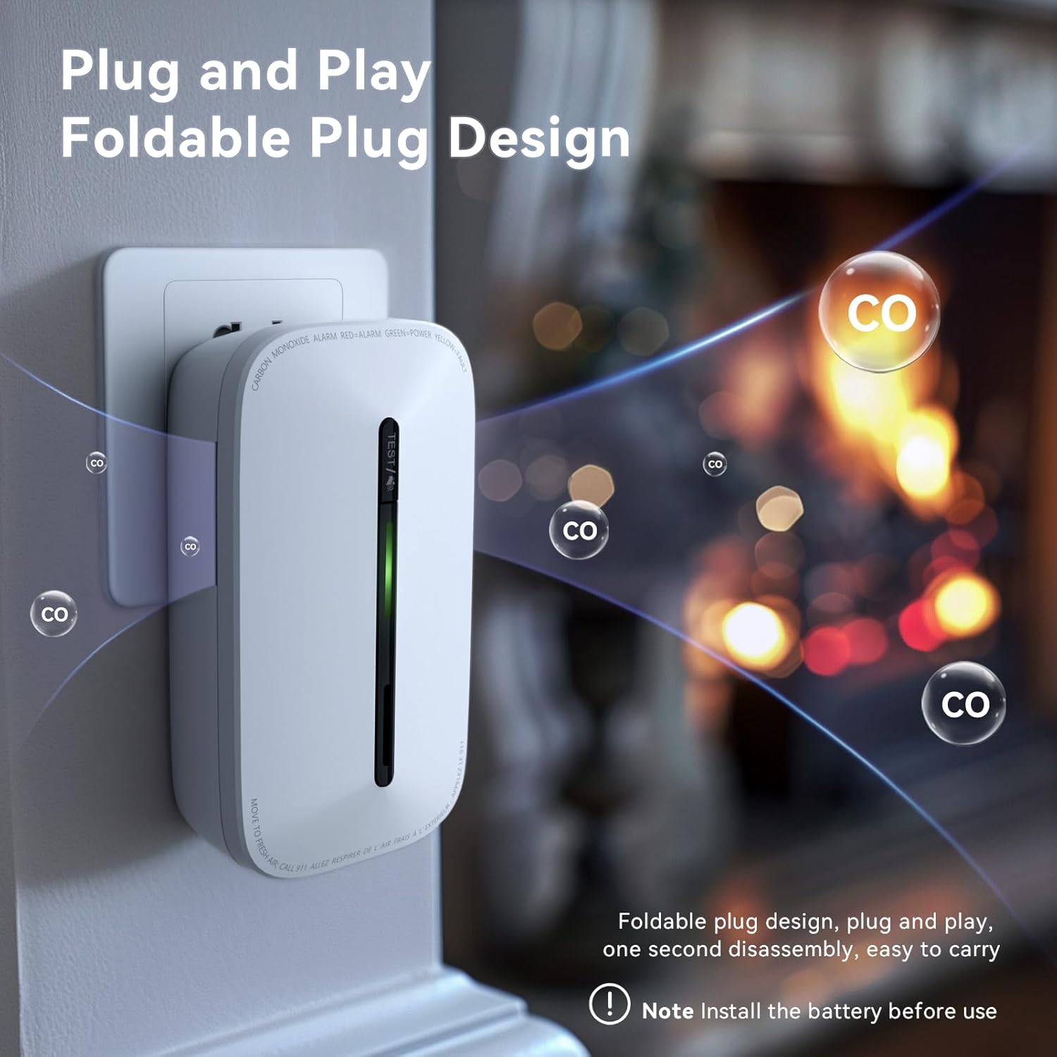 4 Packs Carbon Monoxide Detectors Plug in, 10-Year Battery Powered CO Detector with Breathing Light, Portable Traval Carbon Monoxide Alarm for Home/Office/RV