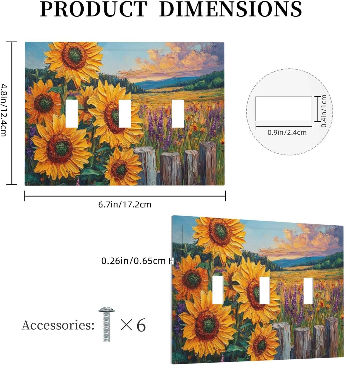Decorative Light Switch Cover Plate Rustic Wilderness Sunflower Lavender Muzha Oil Painting 3 Gang Wall Plate Oversized Triple Toggle Switch Cover Plate Jumbo Faceplate