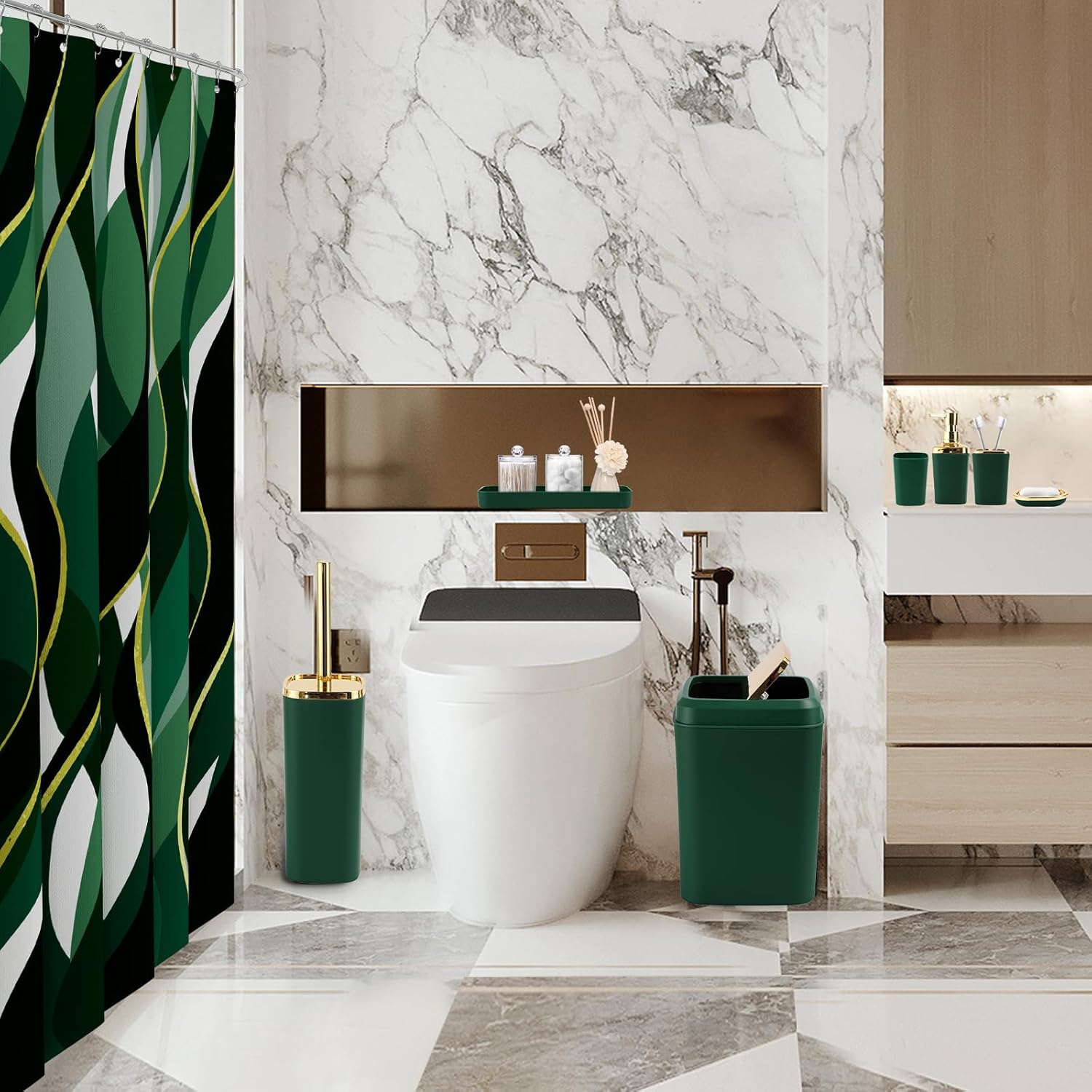 Green Bathroom Set, Bathroom Sets with Stripe Shower Curtain, Green and Gold Bathroom Accessories with Trash Can, Soap Dispenser, Soap Dish, Toilet Brush Holder, Qtip Holders for Bathroom
