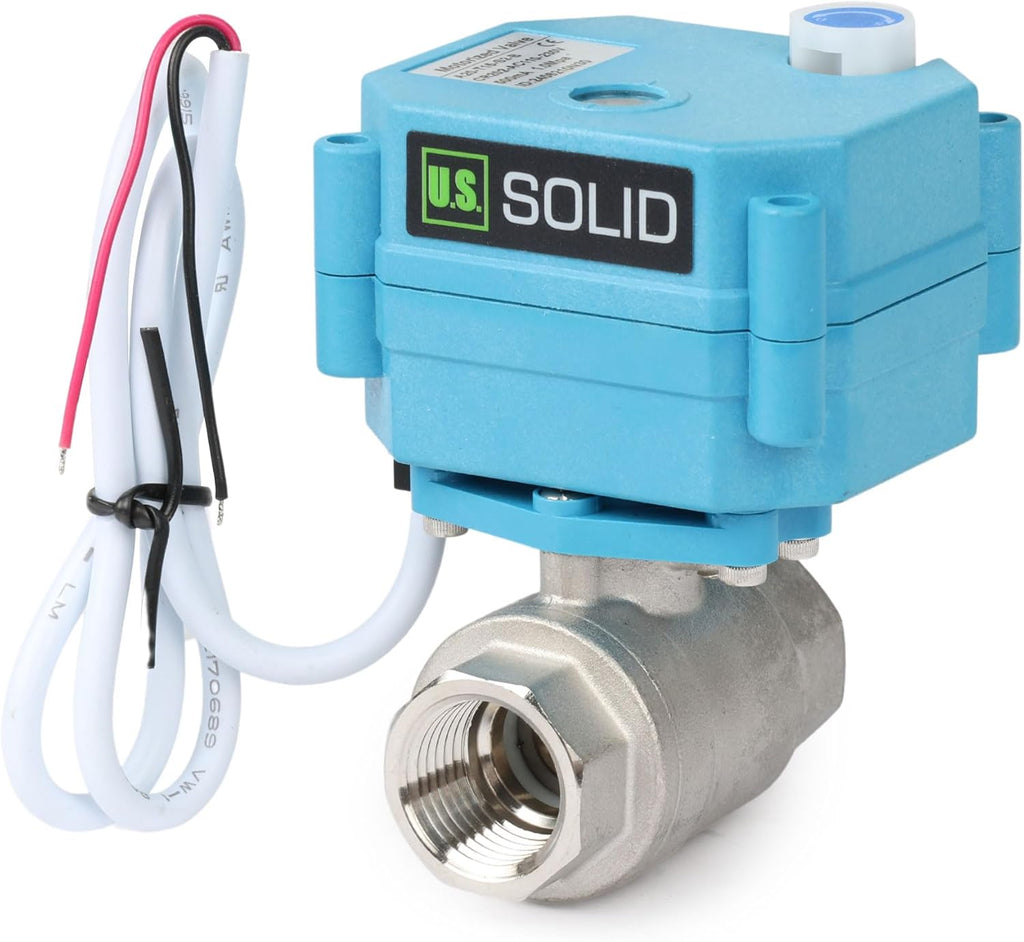 U.S. Solid Motorized Ball Valve - IP67 1/2inch Stainless Steel Ball Valve 110-230V with Waterproof Cover, Full Port, 2 Wire Auto Return, Normally Closed