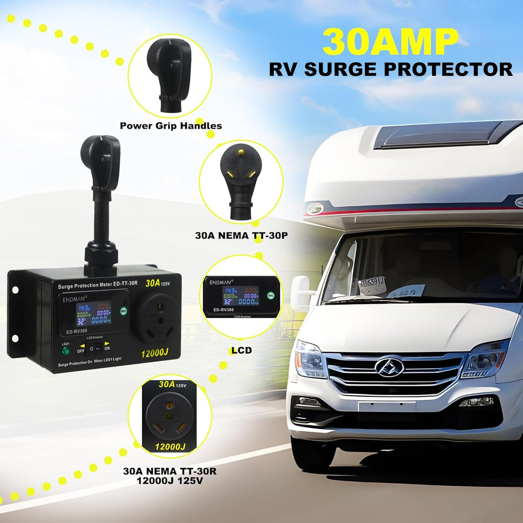 RV 30 Amp Surge Protector with Power Meter (kWh) - 12,000 Joules High Surge Guard - Real-Time Voltage & Amp Monitor for Travel Trailers (NEMA TT-30P)