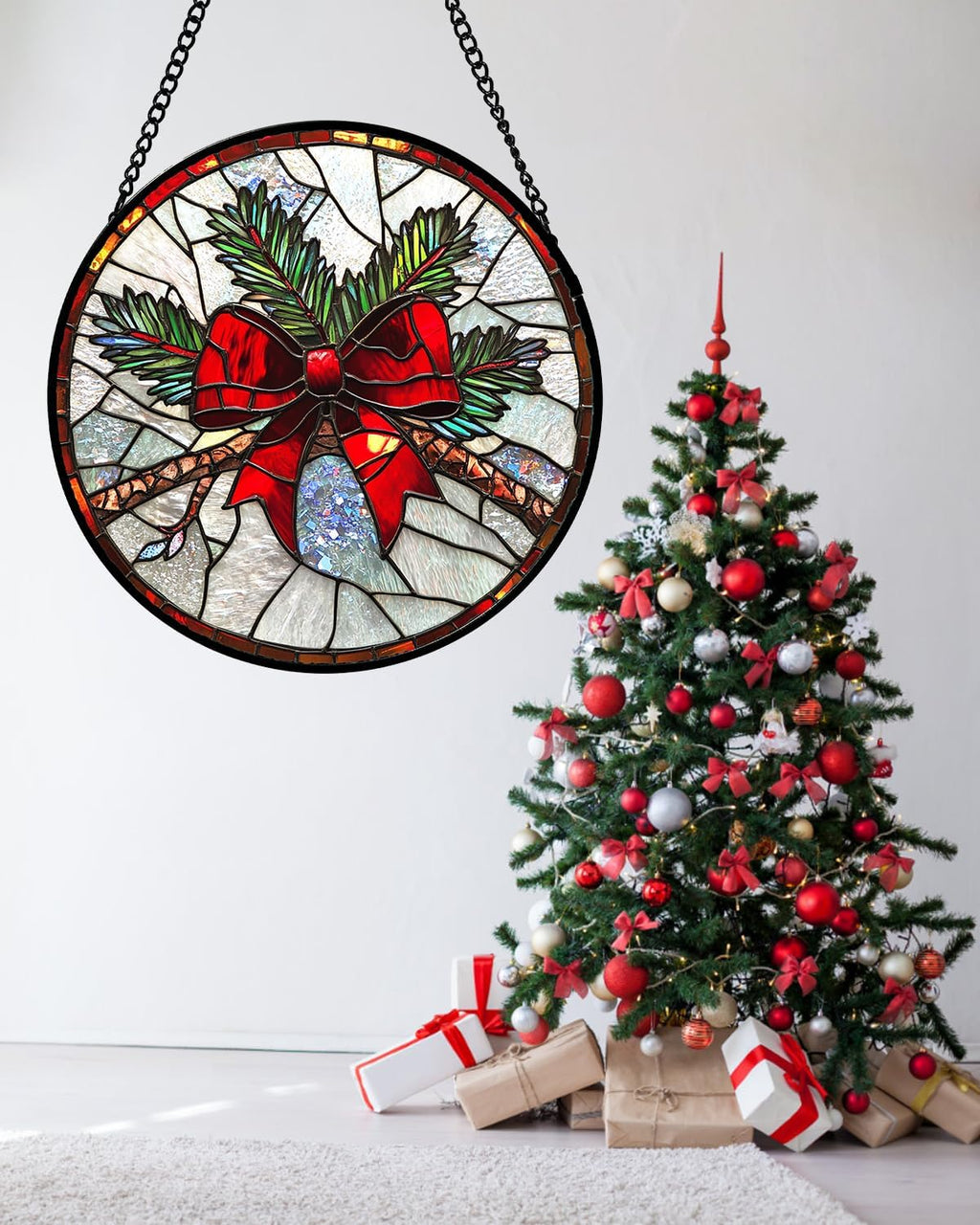 Stained Glass Window Hanging - Pine Branches Red Bow Suncatcher for Doors Home Christmas Decoration Silver Sun Catcher Thanksgiving New Year Birthday Gifts for Women Men Mom Nana 11.8 in