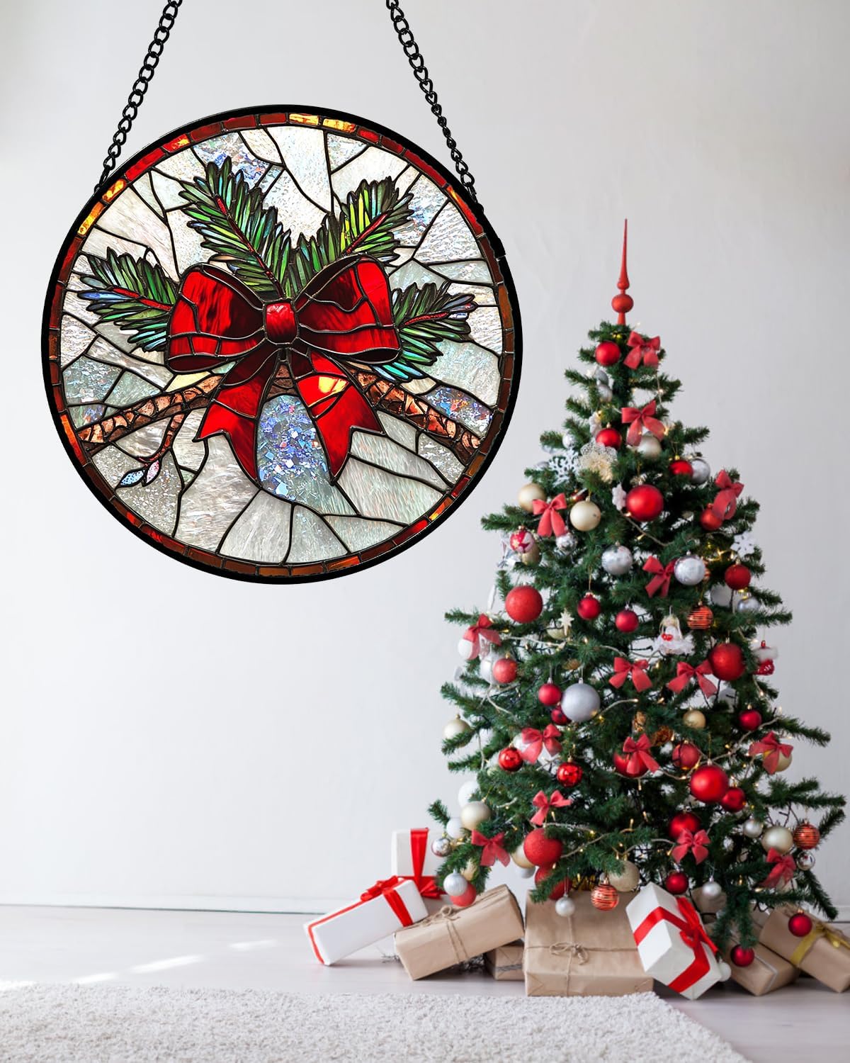 Stained Glass Window Hanging - Pine Branches Red Bow Suncatcher for Doors Home Christmas Decoration Silver Sun Catcher Thanksgiving New Year Birthday Gifts for Women Men Mom Nana 9.8 in