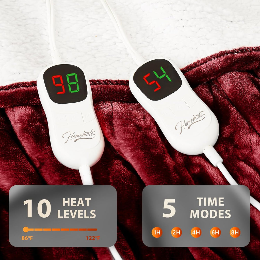 Homemate Electric Heated Blanket Queen - 84"x90" Heating Bed Blankets Throw with 10 Heating Levels 8 Hours Auto Off Fast Heating Over-Heated Protection Ultra Soft Warm Flannel ETL Certified Red