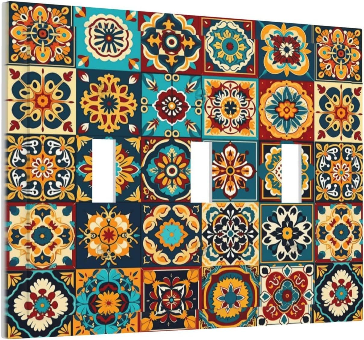 Mexican Talavera Ceramic Tile Moroccan Boho Decorative Switch Plates 3 Gang Wall Plate Triple Toggle Light Switch Cover Faceplate Electrical Wall Panels for Bathroom Kitchen Decor