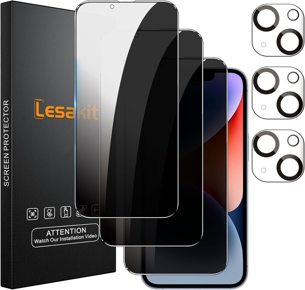 3+3 Pack Privacy Screen Protector for iPhone 14 6.1-Inch with 3 Pack Camera Lens Protector, Anti Spy Tempered Glass Film 9H Hardness Bubble Free Case Friendly