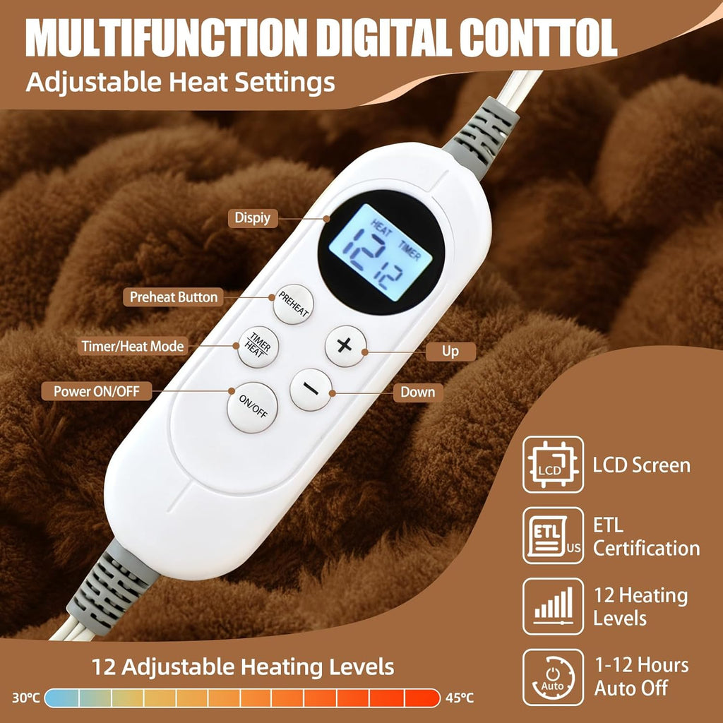 Electric Heated Blanket 90''x100'' – Large Soft Ribbed Faux Fur Fast Heating Blanket with 12 Heat Settings, 1–12H Timer, Overheat Protection ETL & FCC Certified Machine Washable