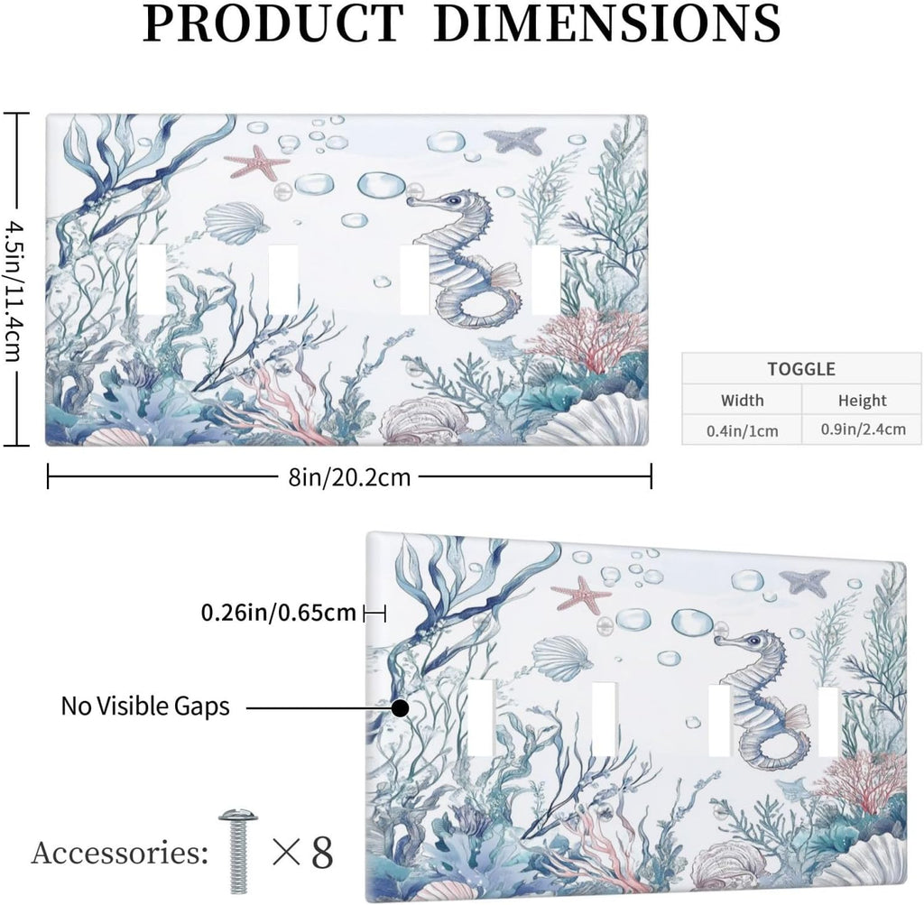 Light Switch Covers Ocean Coral Seahorse Seashell Starfish Quad Toggle Electrical Faceplate 4 Gang Wall Plate Decorative Switch Plates For Bathroom Home Decor