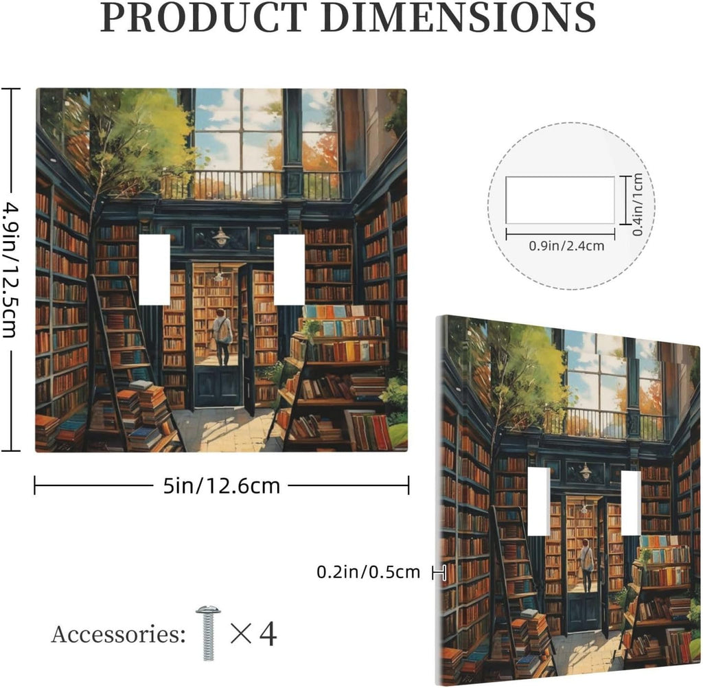 Library With A Lot Of Books Light Switch Covers Double Toggle 2 Gang Wall Plate Dual Decorative Switchplate Electrical Faceplate for Farmhouse Decor