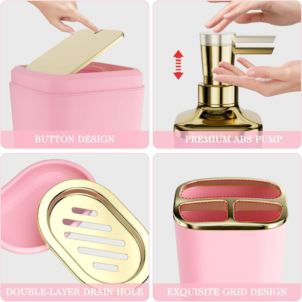 Bathroom Accessory Set, 11PC Bathroom Set, Pink Bathroom Accessories, Bathroom Accessories Set with Trash Can, 3PC Soap Dispensers and Toilet Brush