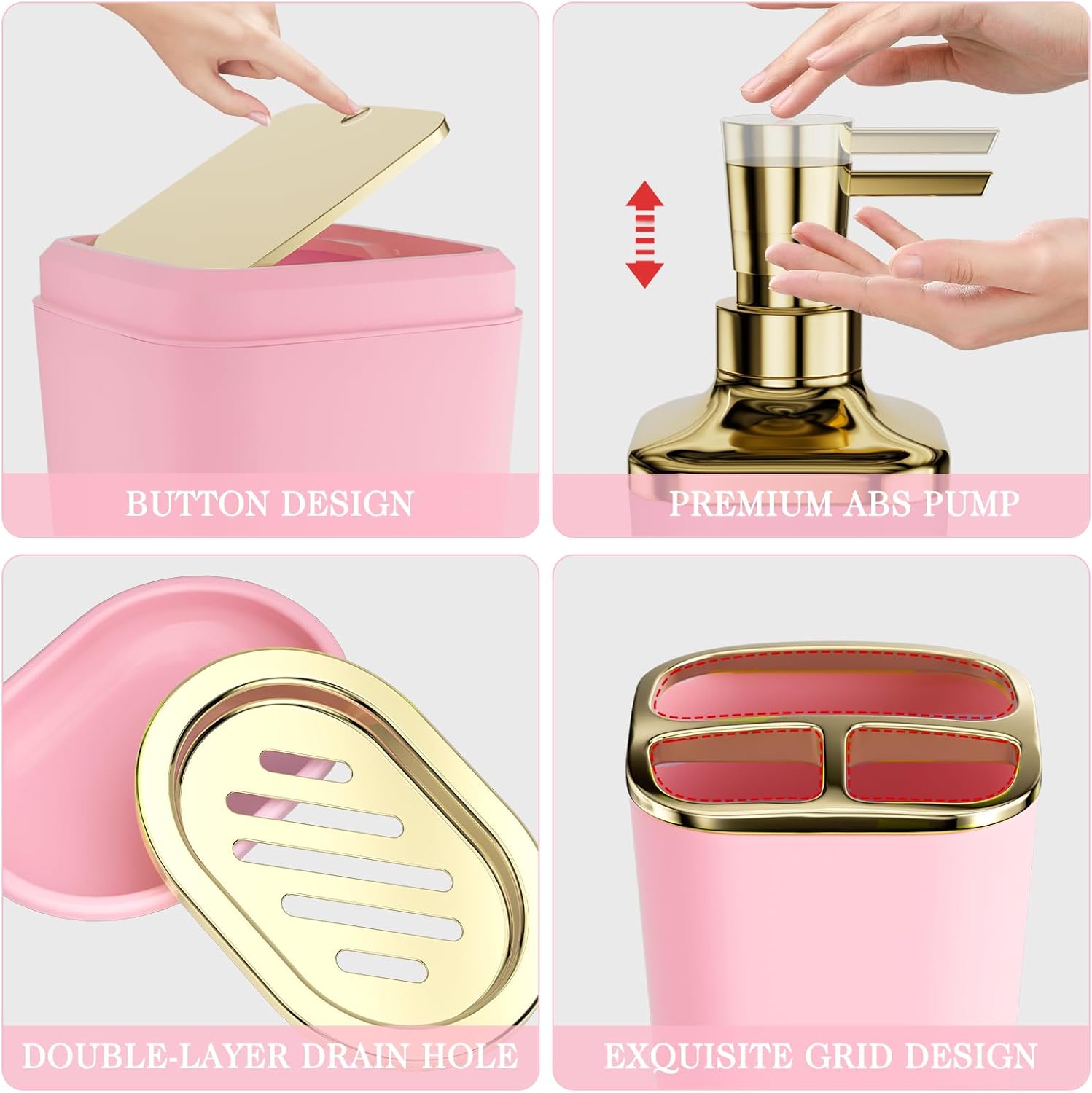 Bathroom Sets with Shower Curtain and Rugs, 27PC Bathroom Accessory Set, Pink Bathroom Set, Pink Bathroom Accessories Set with Trash Can, Toilet Brush and Soap Dispensers