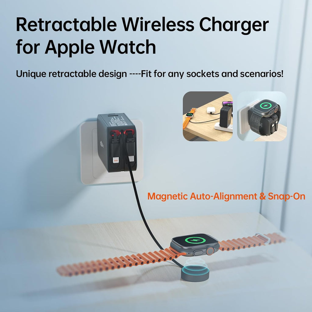 Retractable Apple Watch Charger, 5 in 1 Travel Charging Station for Apple Devices, Retractable Chargers for Multiple Devices with Multi Charging Cable, Charger Block for Apple Gear (Black)