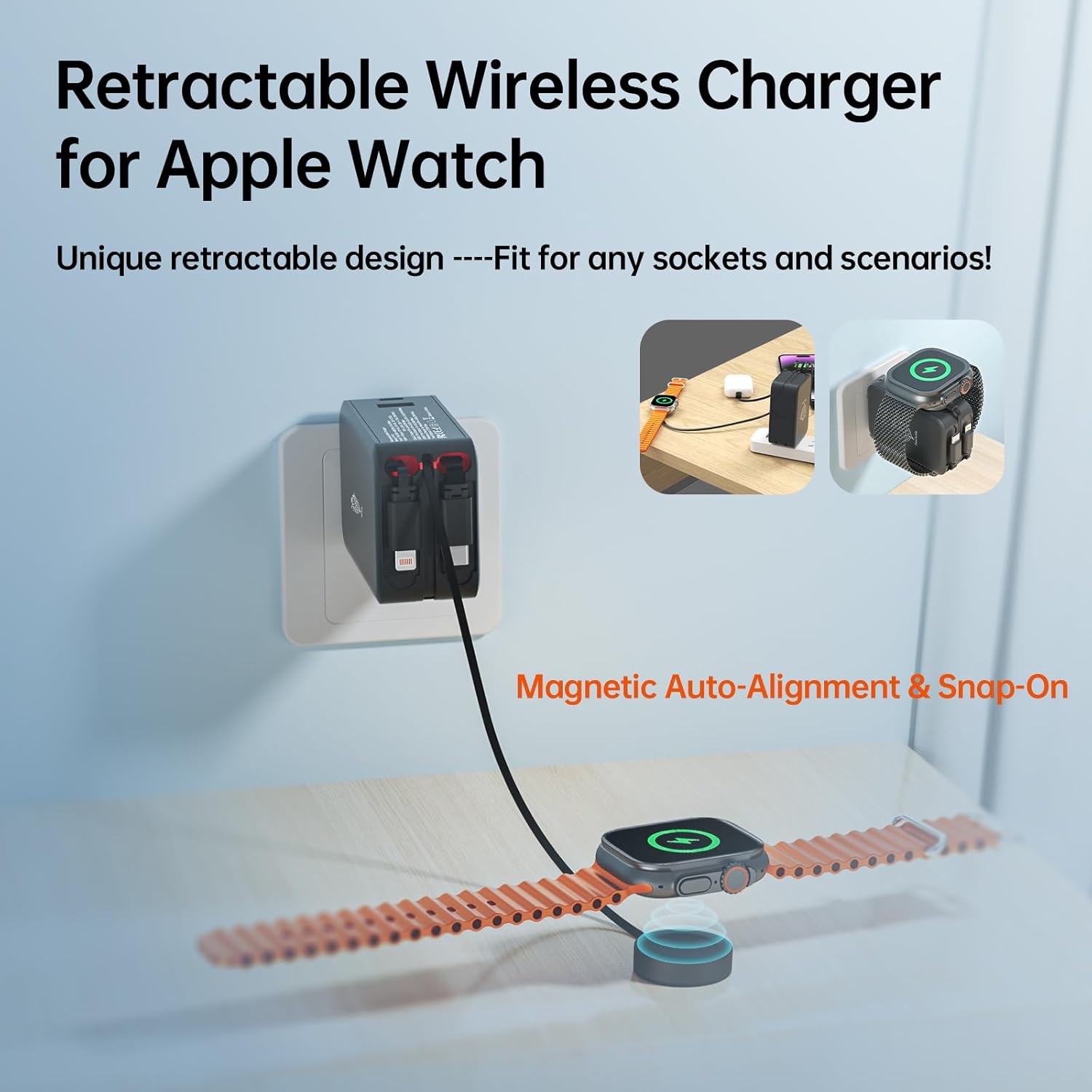 Retractable Apple Watch Charger, 5 in 1 Travel Charging Station for Apple Devices, Retractable Chargers for Multiple Devices with Multi Charging Cable, Charger Block for Apple Gear (Black)
