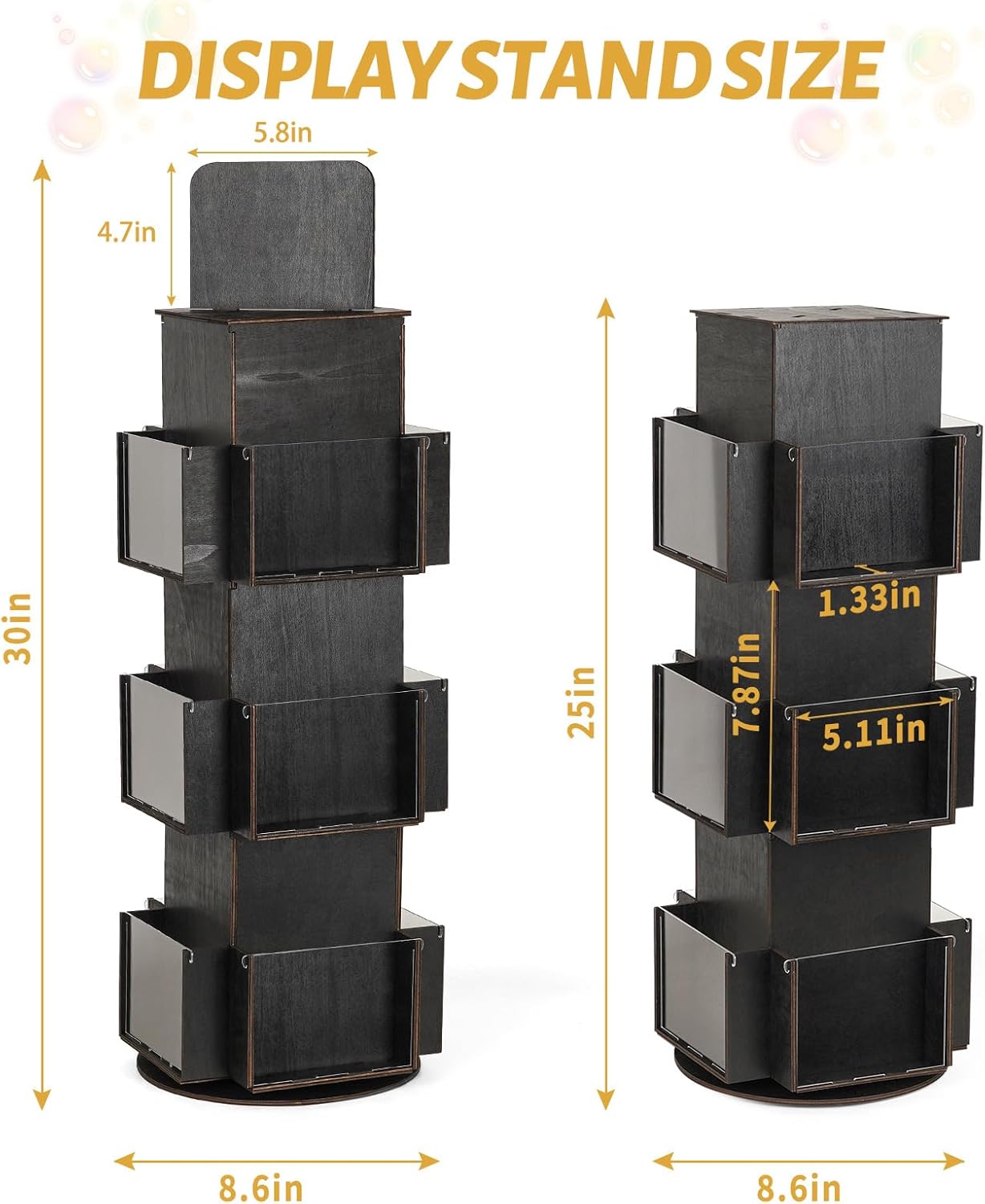Natheeph Rotating Display Stand Greeting Card Display Wooden Display Rack with Two Card Sticker for Greeting Card Vendor Coffee Bag 3 Tier Tabletop Display Stand (Ebony)