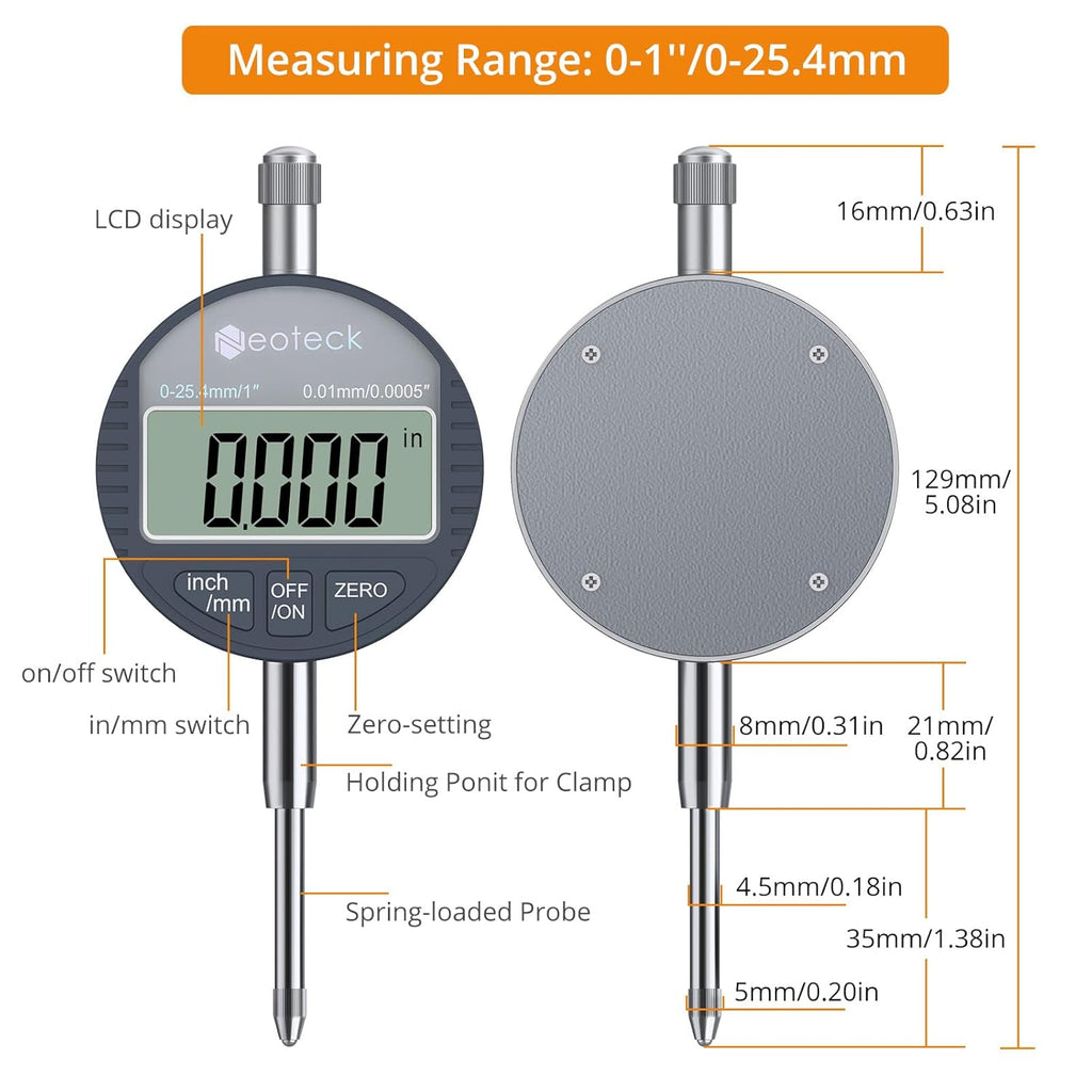 Neoteck 1"/25.4mm (0.0005"/0.01mm) Digital Indicator Set Dial Indicator and Magnetic Base Set with Storage Case, Ideal for 3D Printer Lathe Workshop CNC Machine Table Saw-90lbs(40kg) Max Pull