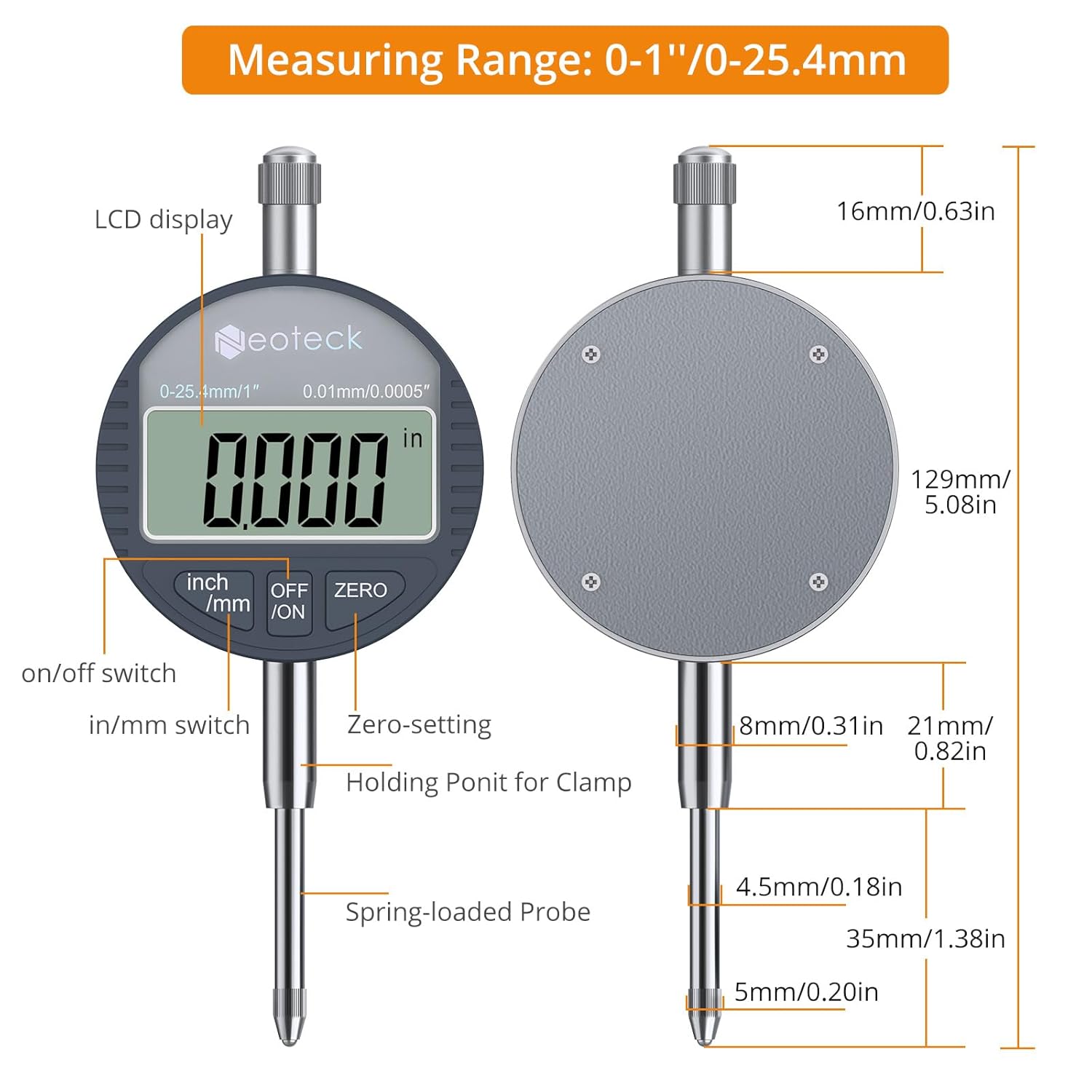 Neoteck 1"/25.4mm (0.0005"/0.01mm) Digital Indicator Set Dial Indicator and Magnetic Base Set with Storage Case, Ideal for 3D Printer Lathe Workshop CNC Machine Table Saw-90lbs(40kg) Max Pull