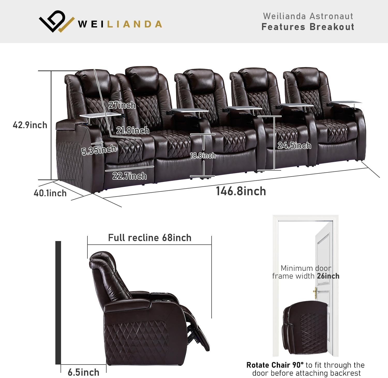 Weilianda Home Theater Seating Top Grain Leather Zero Gravity Recliner Chair Power Headrest Recline Movie Seat Gaming 7 Colors Mood Light Sofa with Tray Table USB Charge Row of 5 Loveseat Left Brown