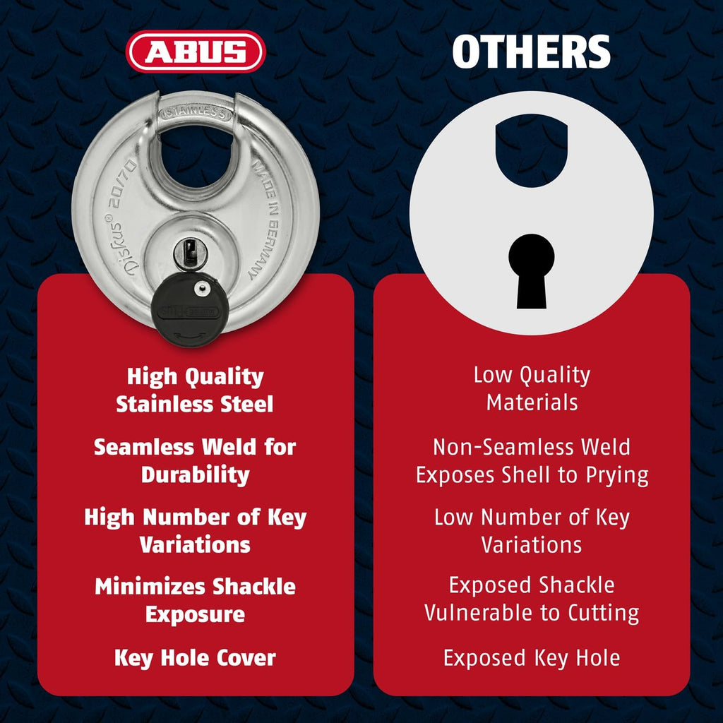 ABUS - Diskus 20/70 Padlock with Key - 6 Pack (2.75") 70mm - Heavy Duty Stainless Steel - Cut, Rust & Drill Resistant - Storage & Outdoor - Pad Lock with 2 Keys (Keyed Different) - Locker Lock