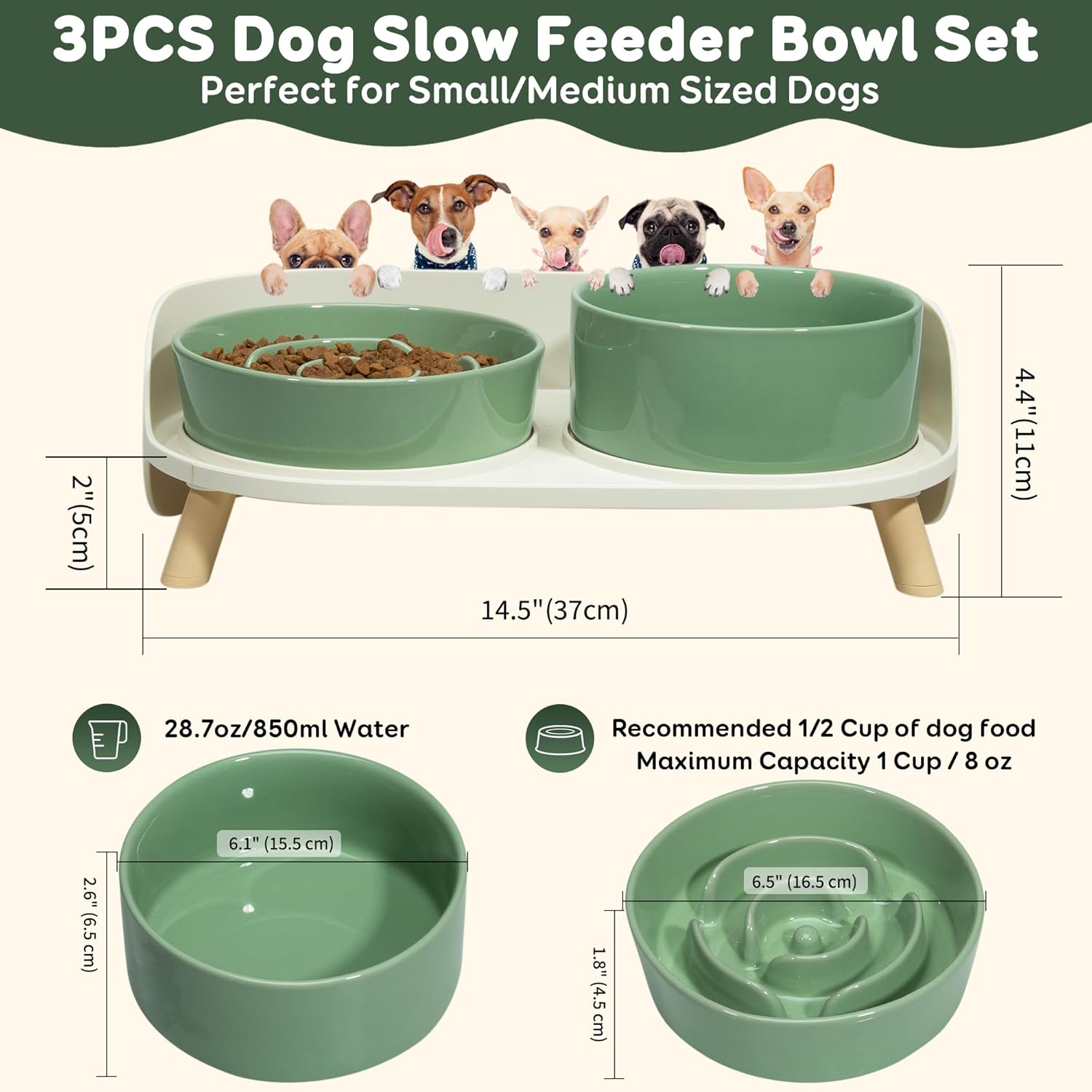 Elevated Slow Feeder Dog Bowls - Ceramic Food and Water Bowl Set with Stand - Raised Pet Dishes for Small and Medium Sized Dogs