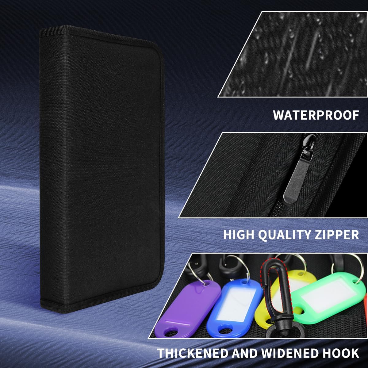Portable Zippered Key Case,Organizer Waterproof Key Binder with 24 Key Hooks and Tags,Portable Key Storage for Rental Management Real Estate Sales Hotel Executives and Car Service