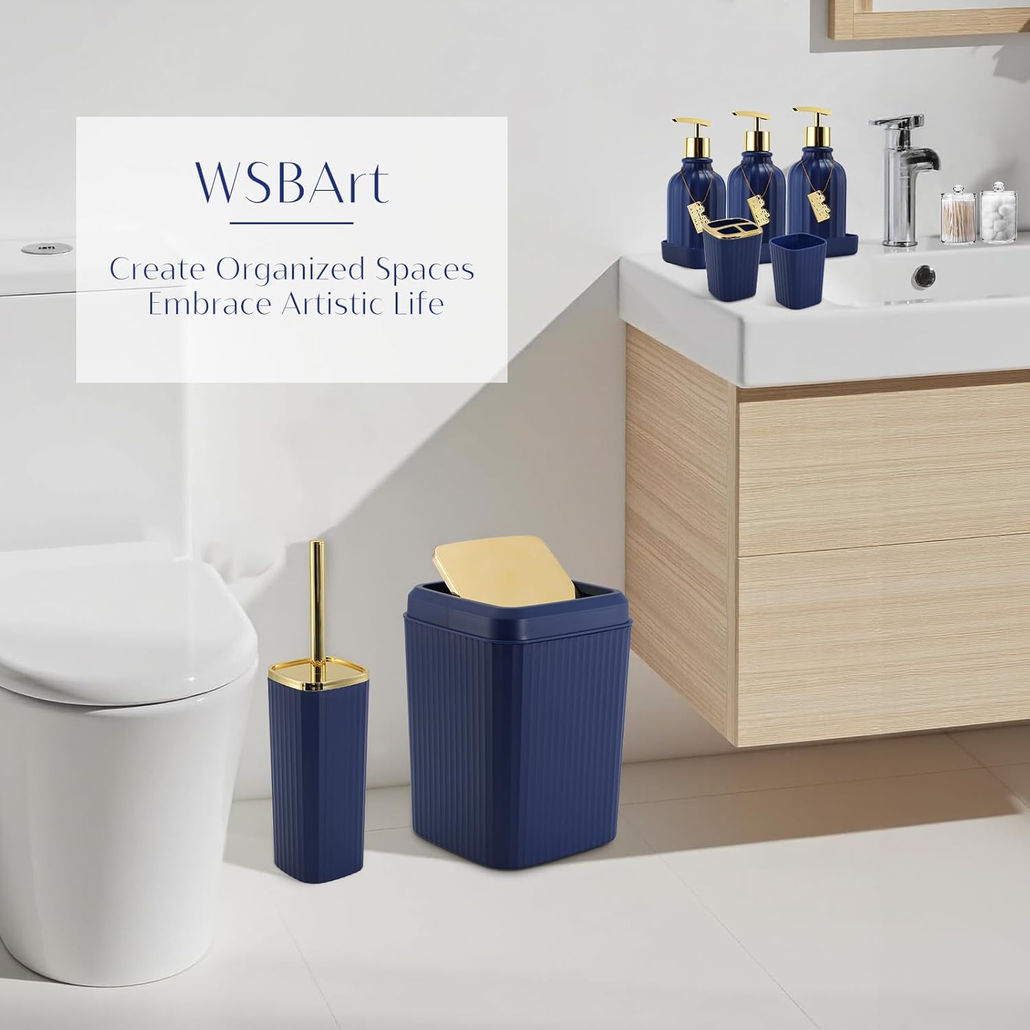 17PCS Bathroom Accessory Set Bathroom Set Navy Blue Bathroom Accessories,Toilet Brush, Trash Can, Qtip Holder Dispenser& 3PCS Soap Dispenser