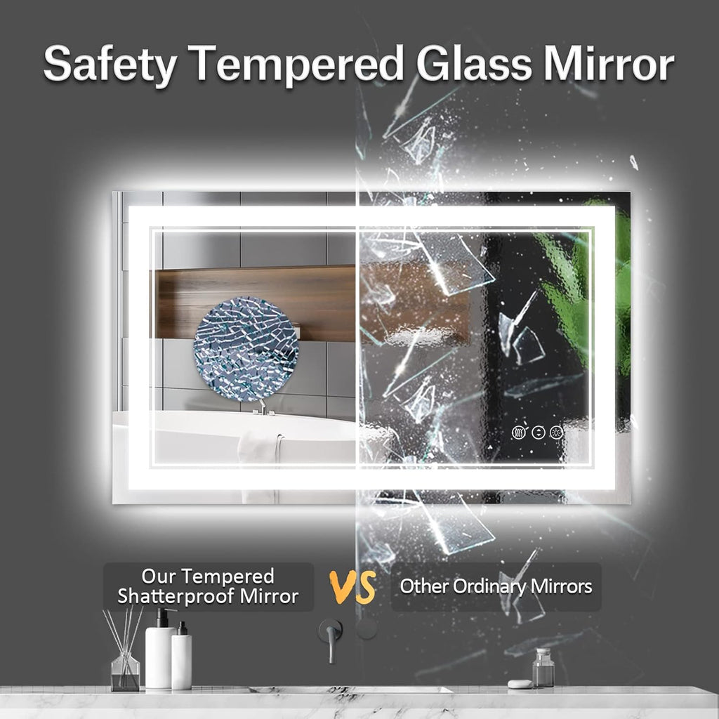 44 x 32 Inch LED Bathroom Mirror, Front Light and Backlit Lighted Vanity Mirror, Anti-Fog, Dimmable Memory, Shatterproof, Wall-Mounted