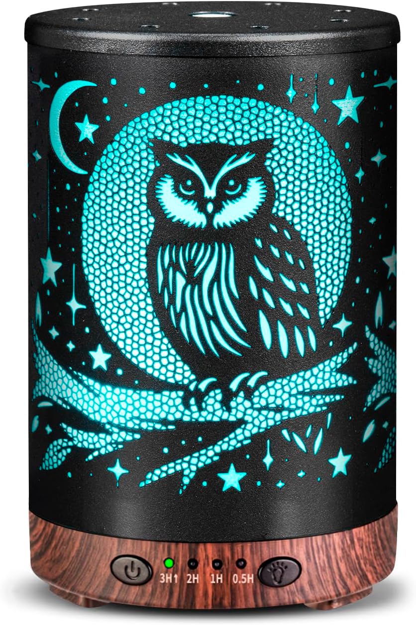 Essential Oil Diffuser Metal Aromatherapy Diffuser, Cool Mist Diffuser with 7 Color Lights for Home Office Spa (Owl)