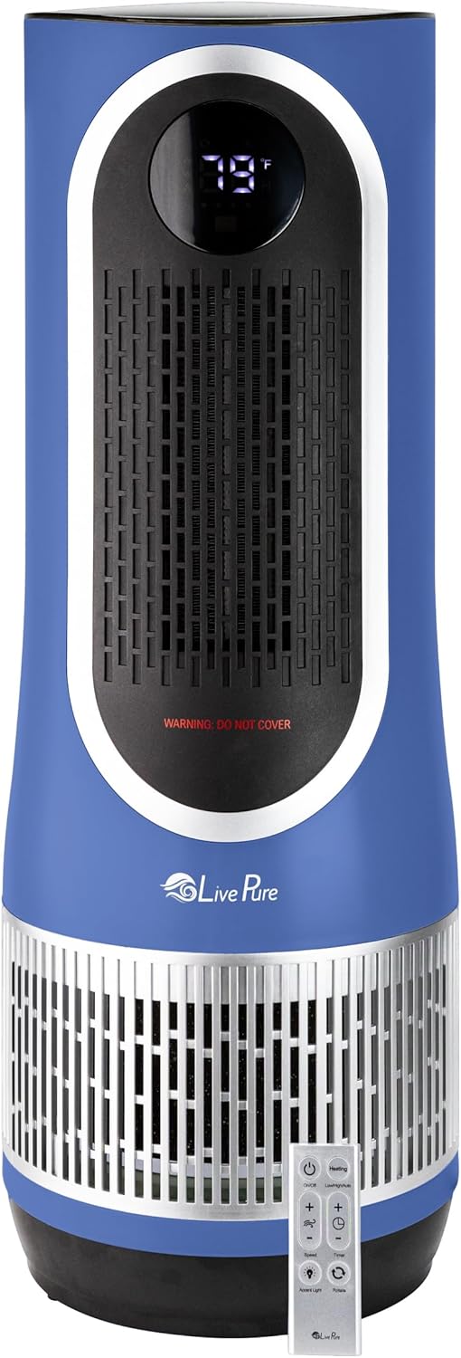 LivePure 3-in-1 LP520 Clean Heat Air Purifier & Electric Heater – 2 Heat Modes and Air Filtration – for Indoor Use in Bedrooms, Home Office & Apartments, Blue