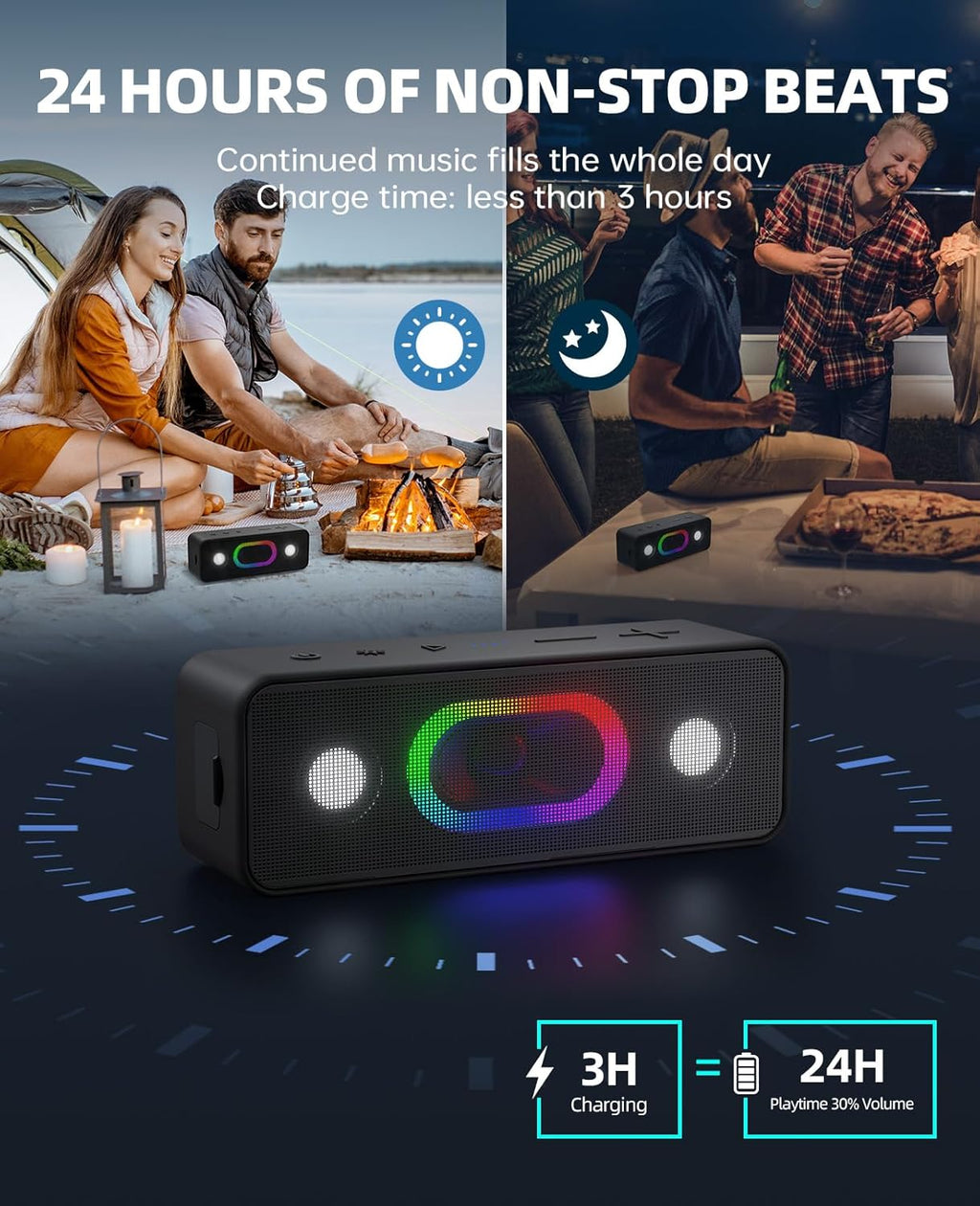 OHAYO Bluetooth Speaker, Portable Wireless, IPX6 Waterproof, 16W HD Sound, 24H Playtime, TWS Pairing, LED Lights, Speakers for Home/Outdoors/Travel, Birthday Gifts, Stocking Stuffers, Black, Small