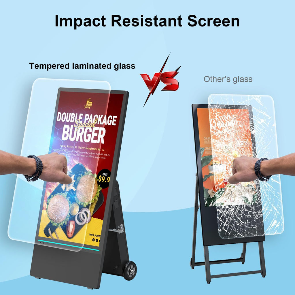 43 inch Rechargeable Portable Outdoor Digital Signage Displays, 2K FHD, IP65 Waterproof, Smart LCD Split Screen, Brightness Auto-Adjustment Movable Advertising Kiosk with Android OS