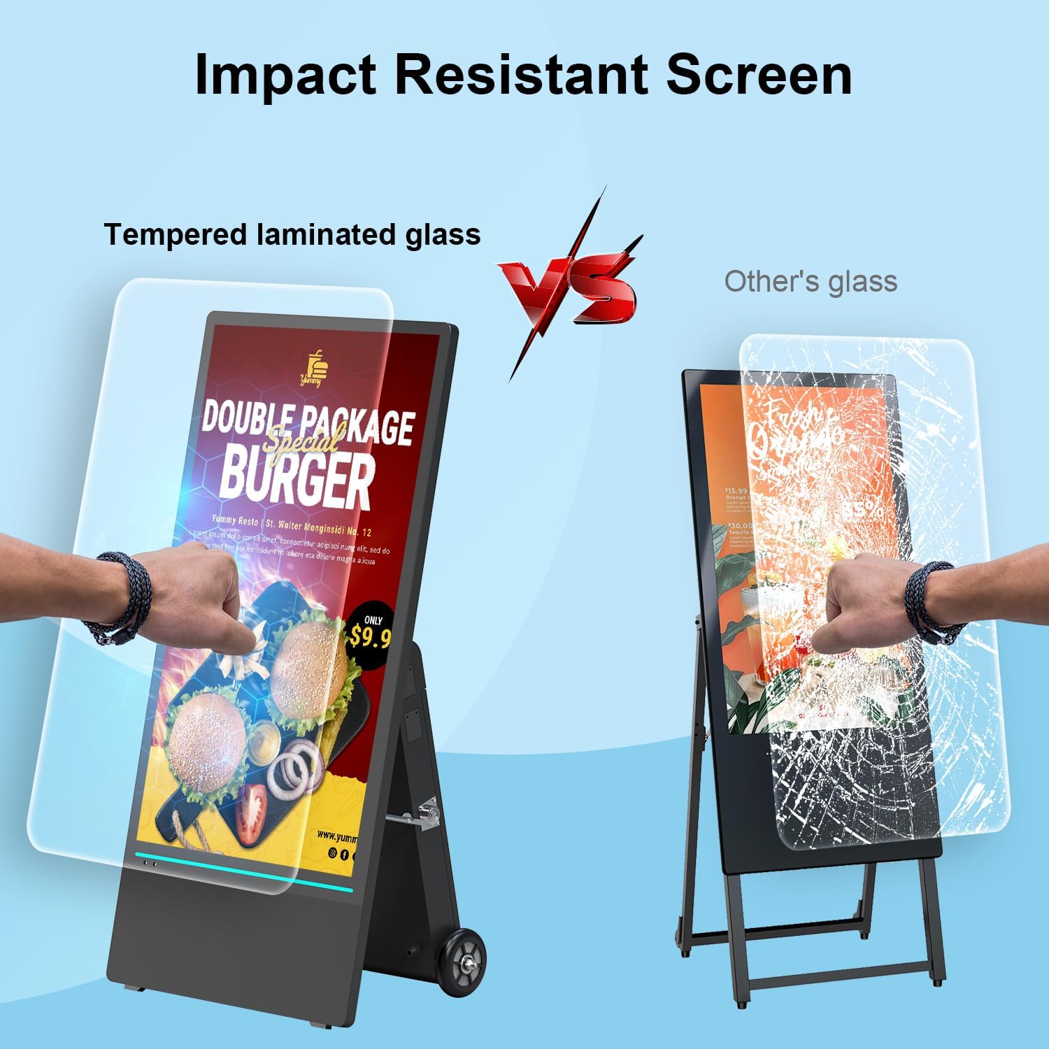 43 inch Rechargeable Portable Outdoor Digital Signage Displays, 2K FHD, IP65 Waterproof, Smart LCD Split Screen, Brightness Auto-Adjustment Movable Advertising Kiosk with Android OS
