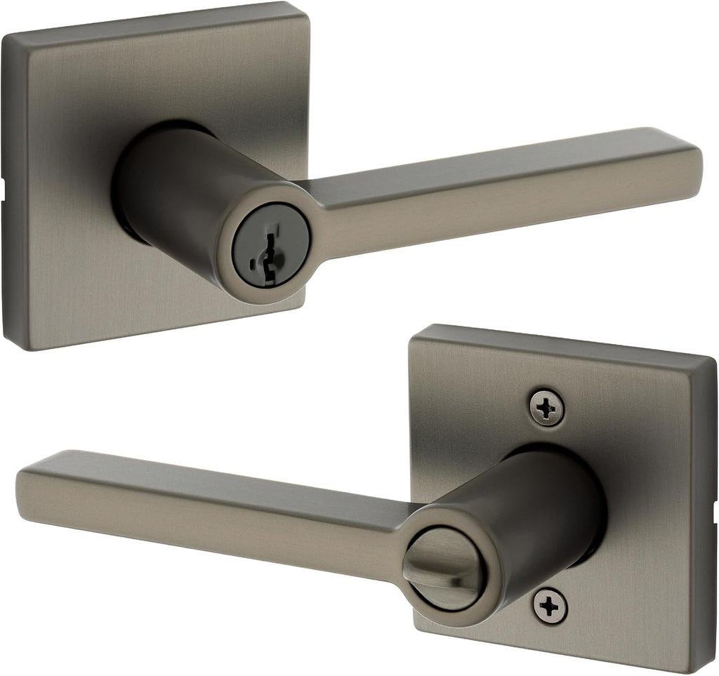 Kwikset Halifax Entry Door Handle with Lock and Key, Square Secure Keyed Reversible Lever Exterior, Doorlock, for Front Entrance and Bedrooms, Gunmetal, Pick Resistant Smartkey Rekey Security