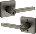 Kwikset Halifax Entry Door Handle with Lock and Key, Square Secure Keyed Reversible Lever Exterior, Doorlock, for Front Entrance and Bedrooms, Gunmetal, Pick Resistant Smartkey Rekey Security