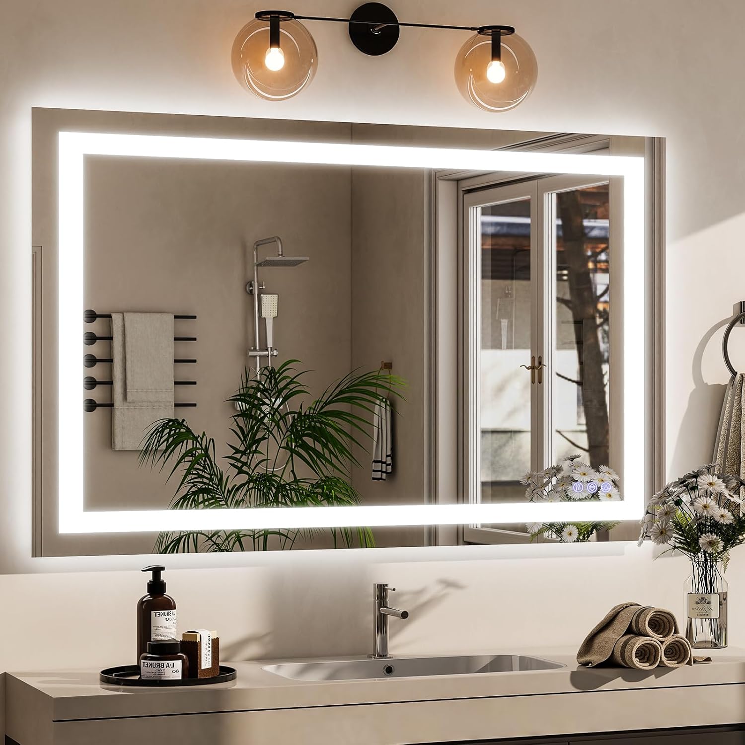 VooBang LED Bathroom Mirror 32 x 48 inches - 3 Adjustable Lighting Modes Lighted Smart Bathroom Vanity Mirror, Anti-Fog, Memory Function, Tempered Glass, Wall Mounted Horizontally Vertically