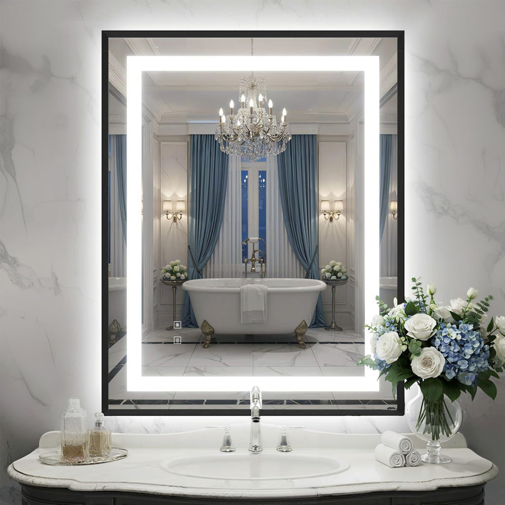 28X36 Inch LED Bathroom Mirror with Lights, Black Frame Frontlit+ Backlit Bathroom Vanity Mirror for Wall, Ultra-Clear Tempered Glass, Shatter-Proof, Anti-Fog and Memory Function, ETL Listed