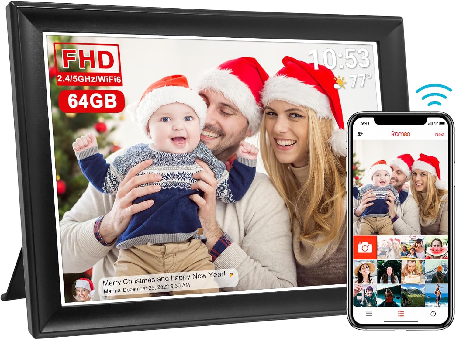 64GB FRAMEO 10.5 Inch Smart WiFi Digital Photo Frame 1920x1280 FHD IPS LCD Touch Screen, Auto-Rotate, 64GB Storage, Support SD Card & USB Drive, Share Moments Instantly via Frameo App from Anywhere