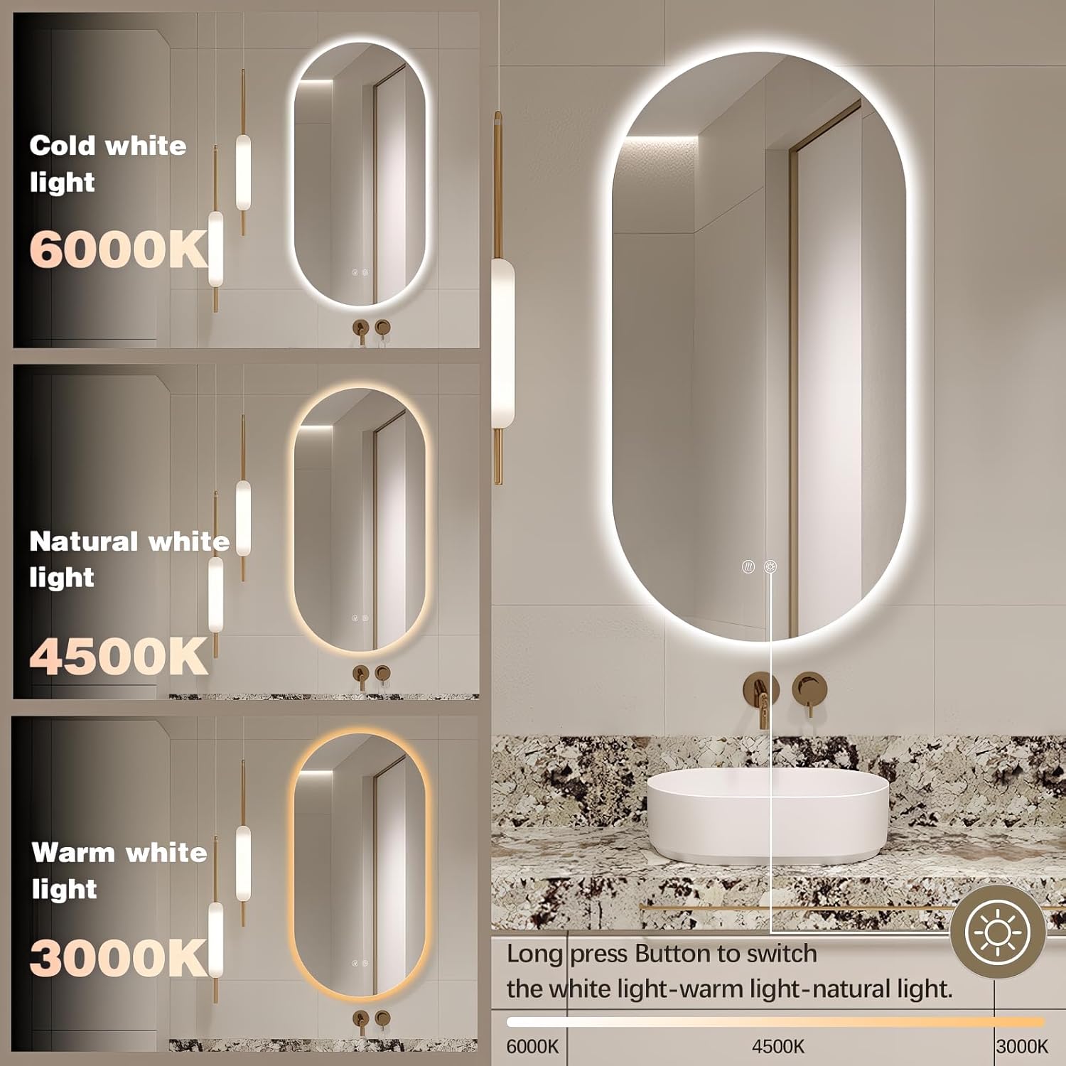 48"x24" Oval Led Mirror for Bathroom, Frameless Vanity Mirror with Lights, Modern Lighted Bathroom Mirror Wall Mounted, Anti Fog Smart Mirror with 3 Colors Dimmable, Vertical/Horizontal