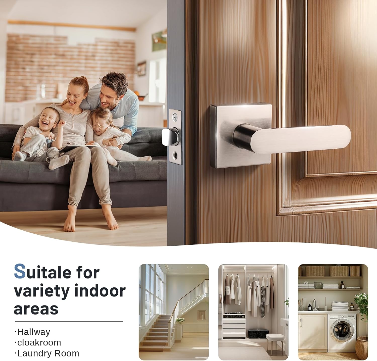 KNOBWELL 4 Pack Interior Door Handle,Satin Nickel Finish Door Levers, Passage Knob for Closet Hallway, Zinc Alloy Construction, 250,000-Cycle Durability