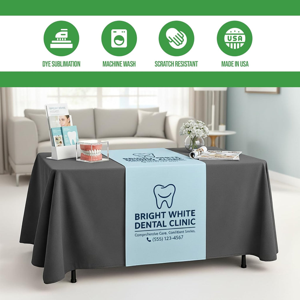 Custom Table Runner (12”x72” to 36”x72”) by BCB Print | Personalize with Business Logo/Image/Text | Trade Shows, Events & Weddings | HD Printed Custom Table Sign | Express Dispatch+Ship | Made in USA
