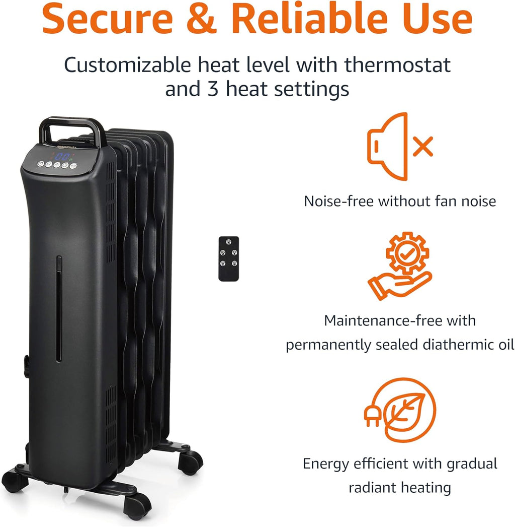 Amazon Basics Oil Space Heater with Remote Control, Portable Radiator Heater with 7 Oil-Filled Fins Indoor Uses, 3 Heat Settings, Thermostat, Tip-Over Protection, ETL Safety Certificate, 1500W, Black