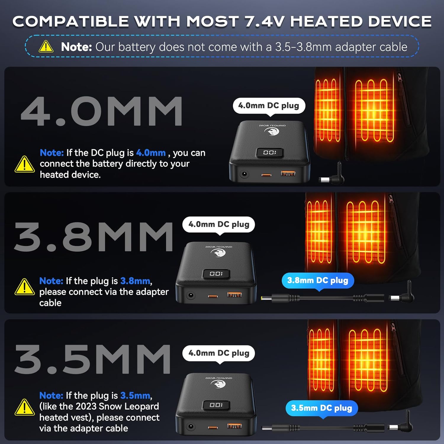 SNOW LEOPARD Heated Vest Battery Pack 7.4v 16000mah Power Bank for Heated Jacket with LED Display Battery Pack for Heating Vest with Dc/USB/Type-C Output for Heated Blanket Clothing for Men Women