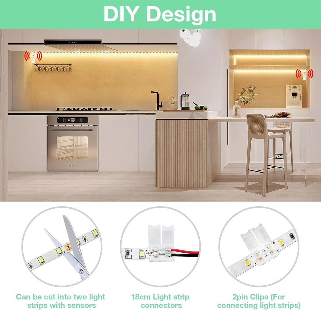 WOBANE Dual Motion Sensor Under Bed Lights,Rechargeable 16.4ft LED Light Strip,Battery Powered Tape Light for Shelves,Cabinet,Anywhere,PIR Detector,Cuttable,Flexible,2700K Warm White