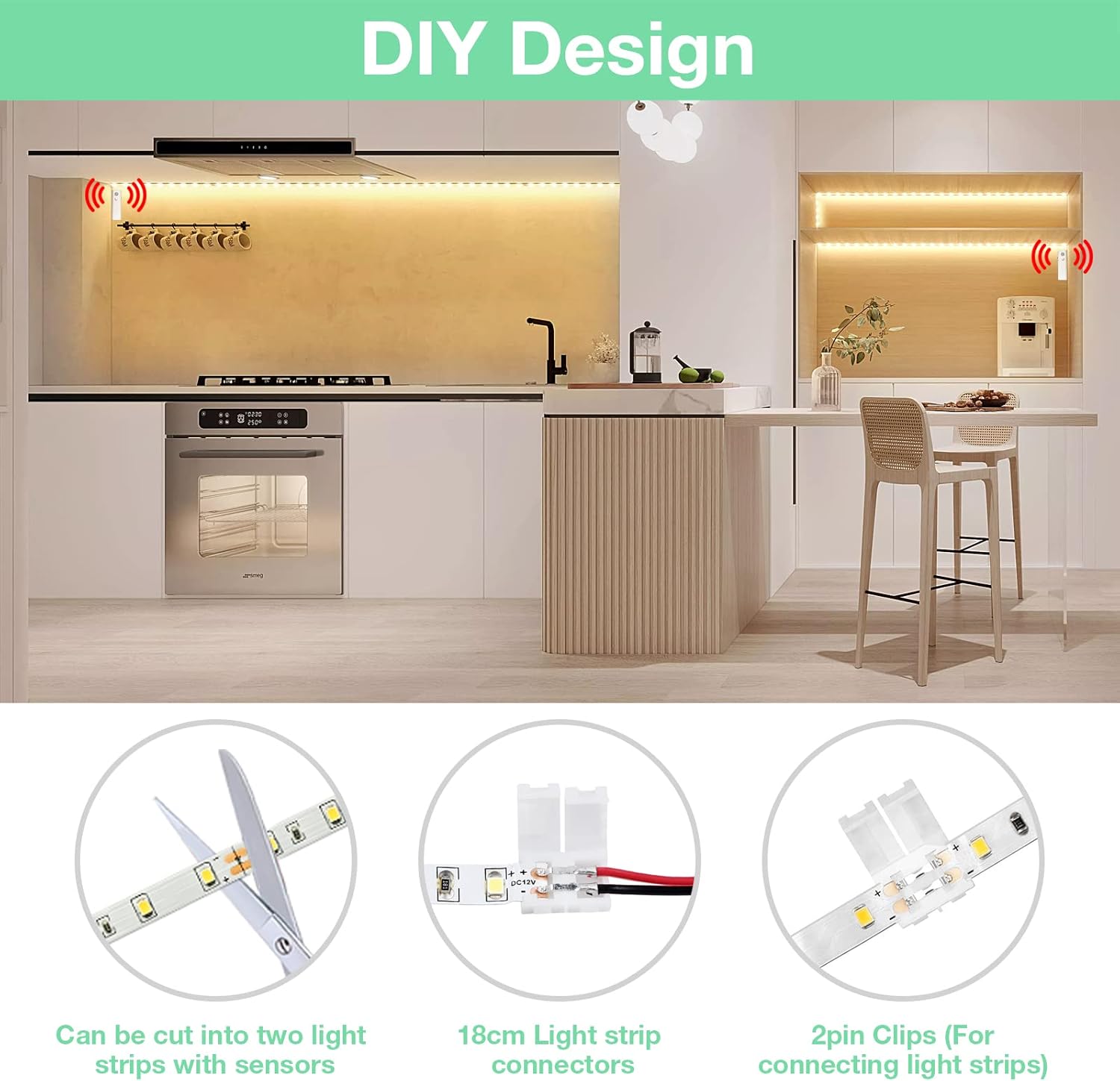 WOBANE Dual Motion Sensor Under Bed Lights,Rechargeable 16.4ft LED Light Strip,Battery Powered Tape Light for Shelves,Cabinet,Anywhere,PIR Detector,Cuttable,Flexible,2700K Warm White