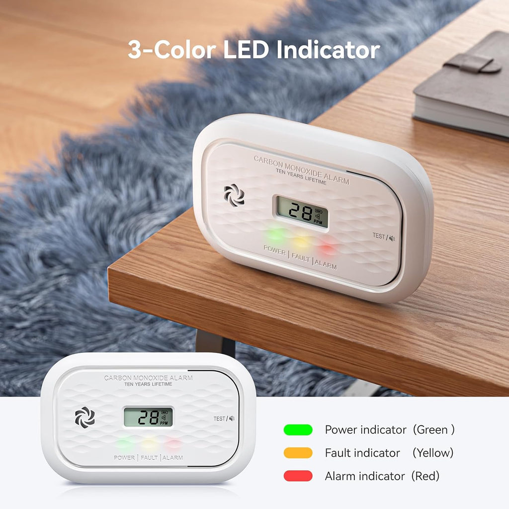2 Pack Carbon Monoxide Detectors,10 Year Battery Carbon Monoxide Alarm, CO Detector with LCD Display, 3 LED Lights CO Alarm for Home